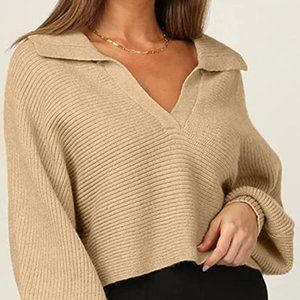 Oversized Puff Long Sleeve V Neck Knitted Pullover Sweater | Size M